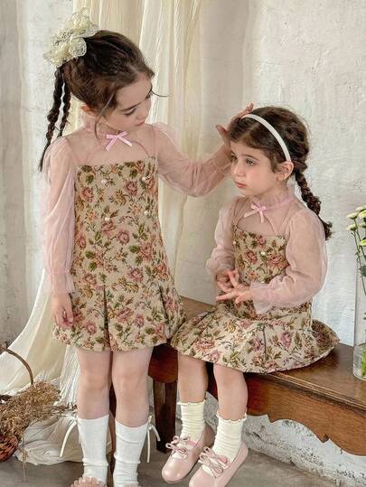 SHEIN LMoss Kids LMoss Young Girl Vintage Floral 2 In 1 Long Sleeve Shirt & Dress