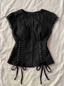 Attitoon 女士休闲复古系带褶皱修身衬衫，适合Y2K风格 - 黑色 - 查看 6