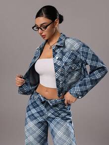 TRNVIE 时尚休闲菱形格纹纽扣牛仔衬衫 - 中等水洗藍 - 查看 5