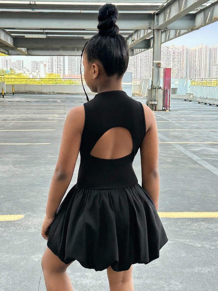 Tween Girl Casual & Comfortable Sleeveless Solid Color Backless Knit Black Mini Dress - Black - View 1