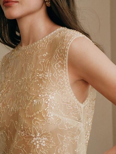 Anewsta Top sin mangas de malla elegante con cuentas y contraste de color para mujer