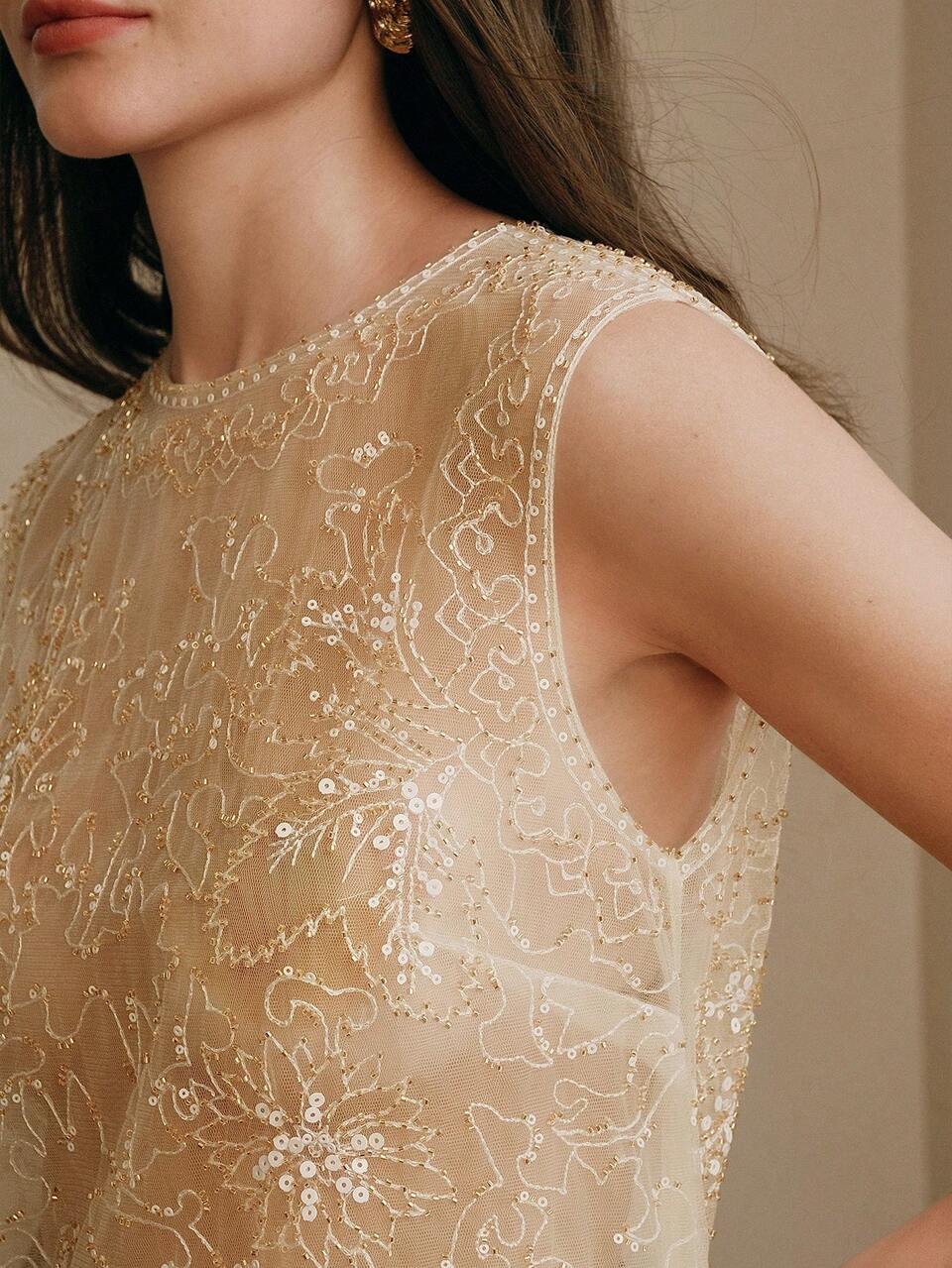 Anewsta Top sin mangas de malla elegante con cuentas y contraste de color para mujer
