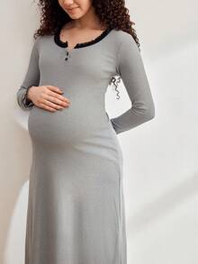 Moonlight&Mama Chemise de nuit à manches longues pour femmes enceintes, avec boutons, empiècement en dentelle et couleurs contrastées - Gris - Voir 5