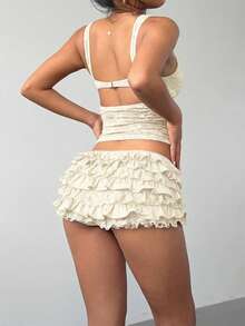 Aloruh Women's New Sexy Lace Solid Black Ruffle Hem Low Waist Shorts Hotpants Ruffled Shorts White Ruffle Shorts Ruffled Skirt Frilly Skirt Bloomers Ruffle Shorts - Beige - View 2