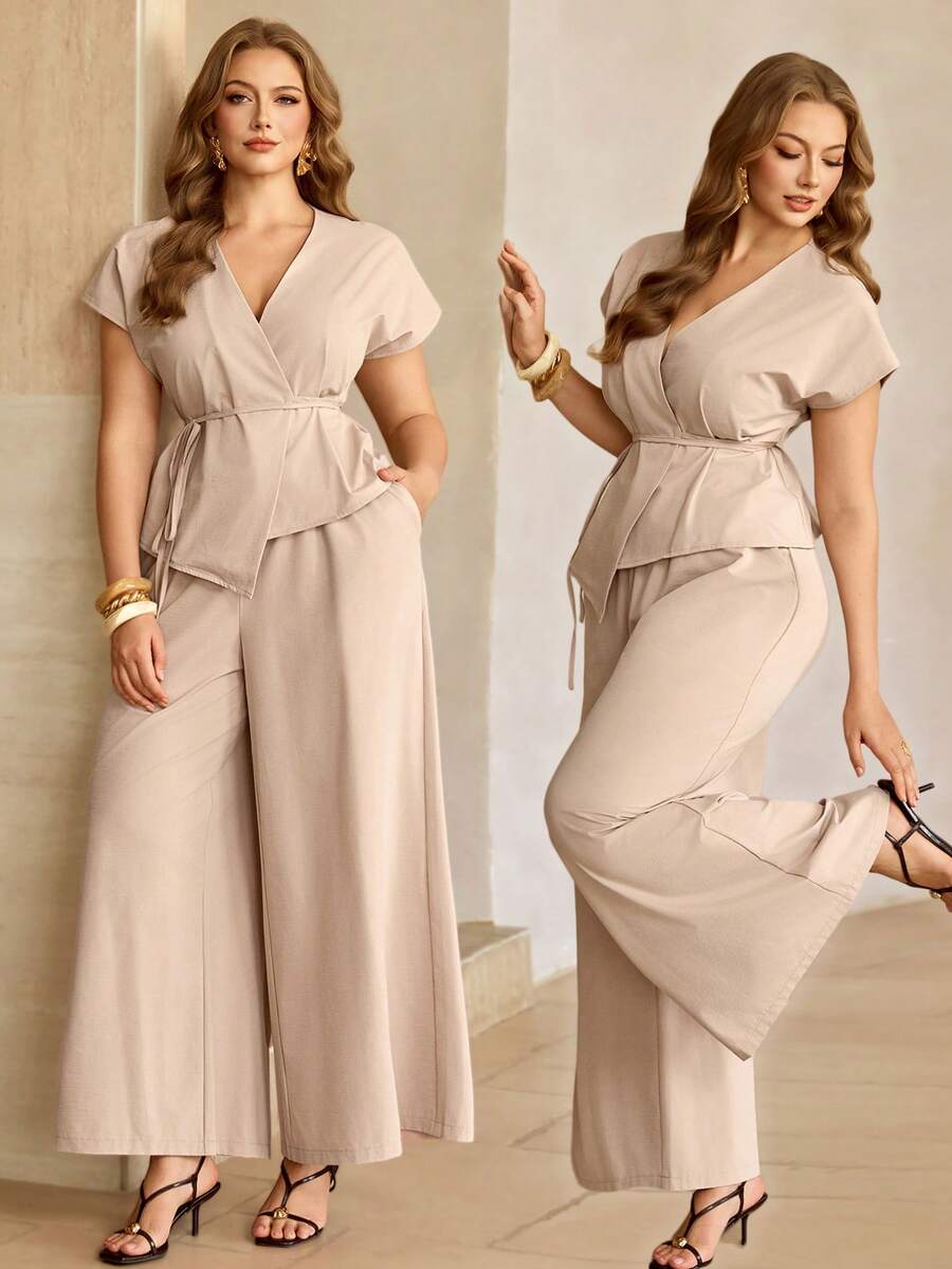 Roveilla Bộ 2 món dành cho nữ cỡ lớn, áo tay ngắn cổ chữ V thắt eo và quần ống rộng. - Màu Khaki - Xem 1