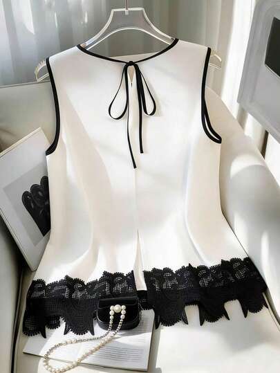 Resyla Women's Elegant Contrast Color Lace Patchwork Sleeveless Blouse, Summer