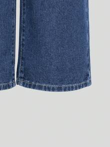 SHEIN 少女牛仔裤，春夏新款，中蓝色水洗牛仔布，休闲舒适，饰有水钻蝴蝶结，宽松阔腿版型，柔软棉质牛仔面料，适合日常、上学、通勤、聚会等场合。 - 藍色 - 查看 8