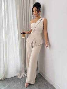 Elenzga 丝滑缎面高领荷叶边宽松A字露背无袖吊带背心，优雅法式浪漫复古风，适合办公室通勤、商务休闲、海滩度假等多种场合，简约百搭，春夏新款 - 杏色 - 查看 5