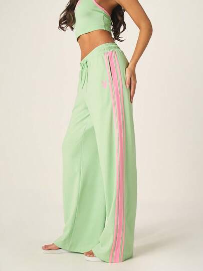 Missguided x Playboy Women's Wide Leg Mint Green Joggers With Pink Side Stripe Drawstring Waistband Palazzo Style Sweatpants For Casual Comfort