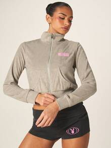 Missguided x Playboy Crop Fit Zip Up Towelling Jacket With Front Centre Pock - Grey - View 5