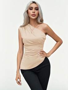Aveloria Modichic Women's Solid Color Asymmetric Neckline Ruched Sleeveless Top, Suitable For Valentine's Day, Spring And Summer - Apricot - View 6