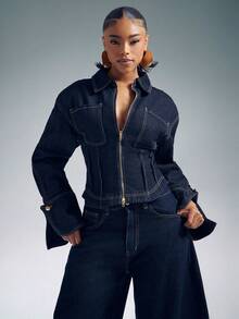 Denimoi Two Way Zip Cinched Waist Long Sleeve Denim Top Fashion Denim Tops Streetwear Denim On Denim - Dark Wash - View 4