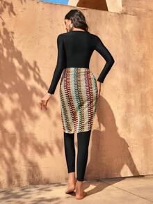 Swim Mulvari Conjunto burkini de top de manga larga con cremallera y pantalones largos de unicolor con falda, adecuado para vacaciones en la playa - Negro - Ver 2