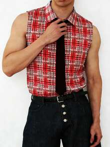 Manfinity Dauomo Men's Casual Plaid Single-Breasted Waistcoat Shirt - Red - View 4