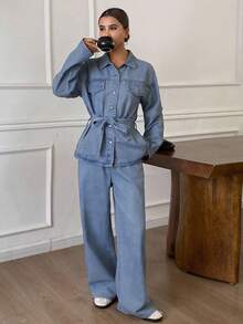 DAZY Bộ đồ denim nữ dáng rộng, thoải mái, phong cách thu đông mới, chất liệu denim bạc màu, cạp chun. - Rửa nhẹ - Xem 4