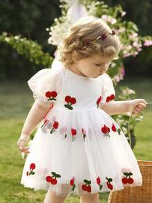 Elegant Embroidered Cherry Blossom Pattern Short Sleeve Dress, Summer - Red - View 6