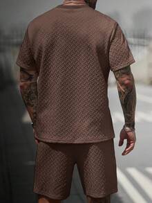 Manfinity CasualCool Men's V-Neck Ribbed T-Shirt + Drawstring Shorts Set - Coffee Brown - View 2