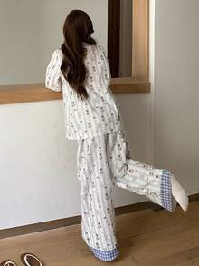 DAZY 2pcs Women Plaid Patchwork Cute Bear & Polka Dot Pattern Loose Cardigan Long Sleeve & Straight Leg Long Pajama Pants Set, Spring - Blue - View 2