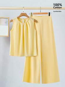 Ellevyn Women's Elegant Loose Camisole & Wide Leg Pants Gold Foil Printed 2 Pieces Set, Suitable For Wedding, Party Vacation Outfits Women - Yellow - View 1