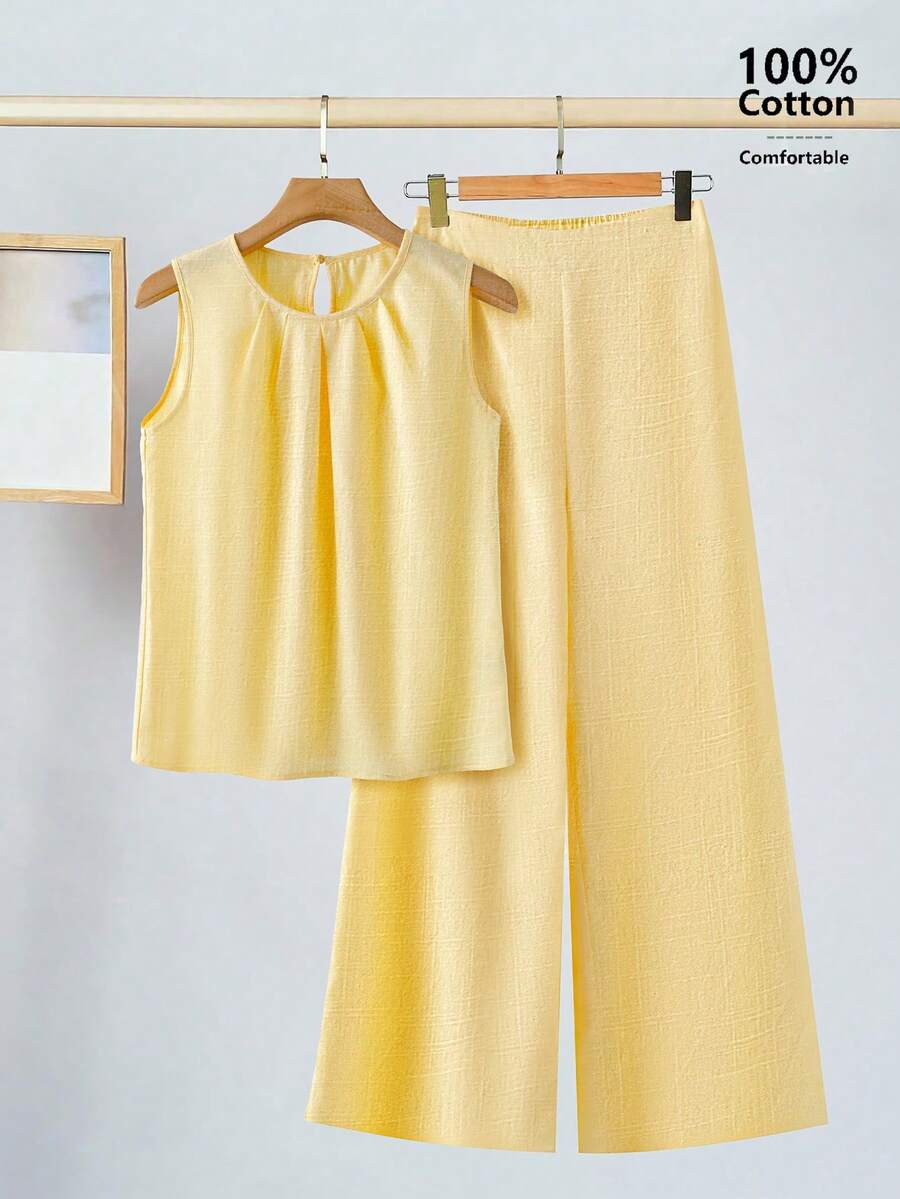 Ellevyn Women's Elegant Loose Camisole & Wide Leg Pants Gold Foil Printed 2 Pieces Set, Suitable For Wedding, Party Vacation Outfits Women - Yellow - View 1