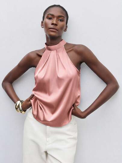 Maija Women's Fashionable Solid Color Casual Satin Sleeveless Shirt Pink Satin Top