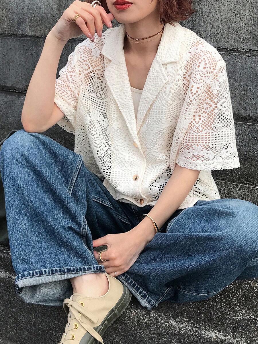 FRIFUL 女士纯色落肩前襟纽扣翻领休闲镂空时尚短袖西装外套（夏季款） - 米色 - 查看 1