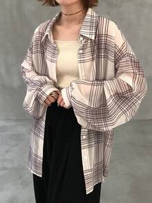 FRIFUL 女士条纹落肩长袖宽松休闲衬衫 - 米色 - 查看 3