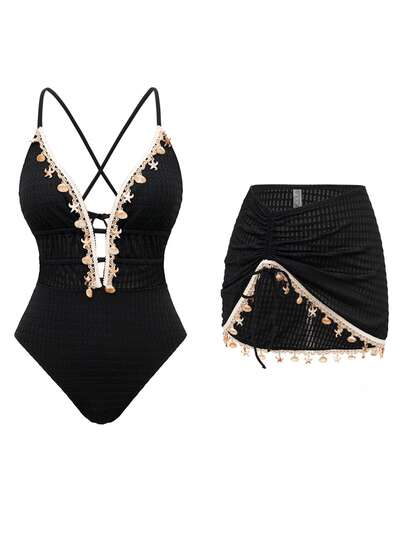 Swim Oasis 女士纯色吊带贝壳链装饰两件式泳衣