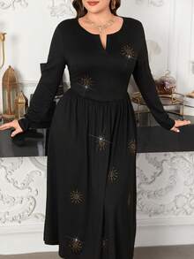 Modelyn Plus Size Women's V-Neck Fitted Rhinestone Decor Waist Cinched Textured Knit Dress, Casual For Spring/Summer - Black - View 5