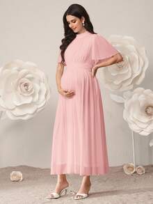 SHEIN 孕妇纯色立领短袖收腰优雅夏季连衣裙 - 淺粉色 - 查看 7