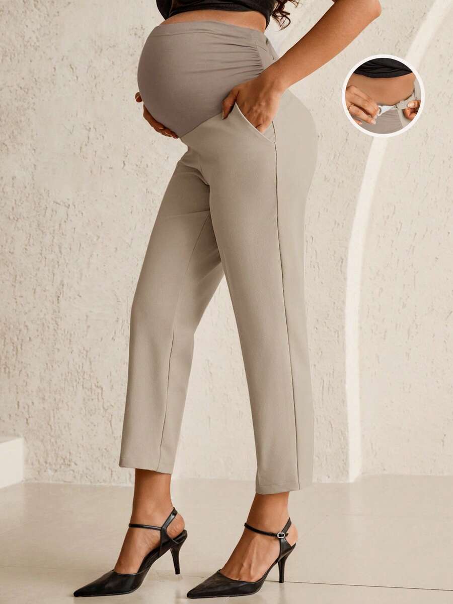 MaterniWear 可调节腰围休闲百搭孕妇裤，适合日常穿着 - 杏色 - 查看 1