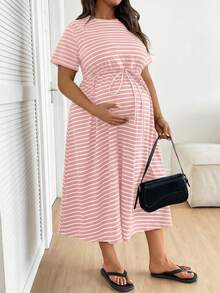 Plussiva 大码孕妇条纹圆领系腰休闲度假日常连衣裙 - 粉色 - 查看 3