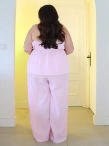 Pretty and Ole Conjunto de 2 piezas: Blusa de cuello halter con rayas y pantalón ancho holgado para mujer talla grande, uso casual y diario - Rosa - Ver 2