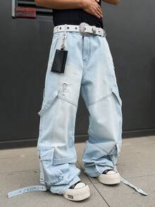 Manfinity EMRG Men's Casual Streetwear Multi-Pocket Distressed Denim Jeans - Light Wash - View 4