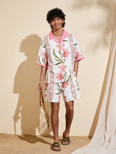 Felipe Marques بدلة قصيرة الأكمام مطبوعة بطبعات زهور استوائية هاواي للرجال، للعطلات الصيفية