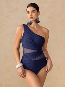 Swim Oasis Traje de baño de una pieza con pliegues de unicolor con cubierta y falda estampada para mujer, perfecto para vacaciones - Azul Marino - Ver 6