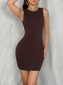 Franclia 女士时尚性感纯色露背无袖迷你连衣裙 - 棕色 - 查看 4
