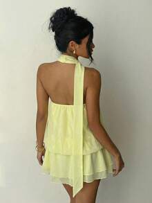 Aloruh 优雅性感纯色露背吊带迷你连衣裙，夏季 - 淡黃色 - 查看 3