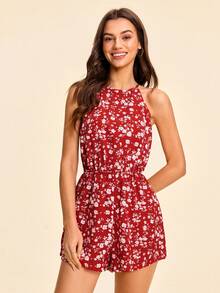 Coeurva Floral Print Halter Neck Tie Back Romper - Red and White - View 4