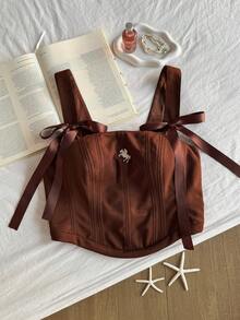 Comfortcana Débardeur corset style occidental à lacets et broderie, marron, convient pour le Nouvel An, Noël, Thanksgiving, top marron chocolat grande taille - Kaki - Voir 7