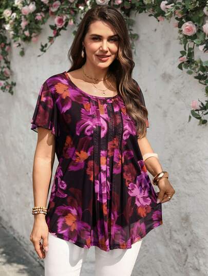 EMERY ROSE 大码女式夏季短袖印花衬衫式上衣，靛蓝色，适合假日、夏季度假、休闲穿着，简约时尚，日常百搭。