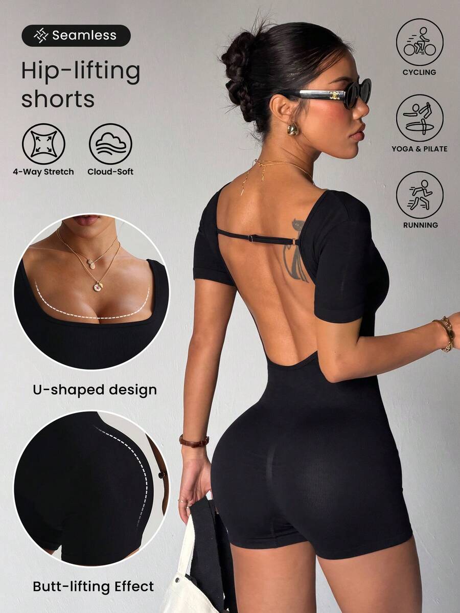 Dewbera 女士无缝性感高弹力运动连体裤，瑜伽健身连体裤 - 黑色 - 查看 1