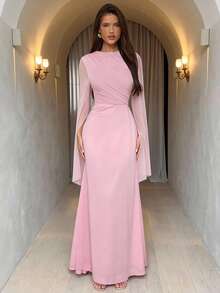 Aloruh 情人节粉色浪漫长袖网纱针织缎面拼接连衣裙 - 粉色 - 查看 2