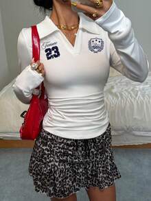 Attitoon Women's Casual Fashion, College Style Badge & Number 23 Print Turndown Collar Long Sleeve T-Shirt, Tight Fit Autumn/Winter Undershirt, White Top, White T-Shirt - White - View 3