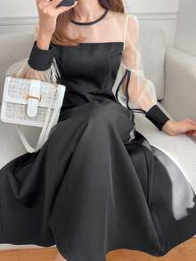 FRIFUL Women's Round Neck Chiffon Waist Gathered A-Line Dress - Black - View 1