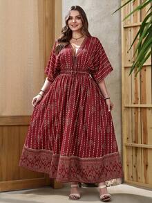 SHEIN Holidaya Plus Size Floral Print Batwing Sleeve Cotton Maxi Dress, Loose Fit Boho Style Dress - Multicolor - View 5