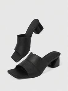Sleekvia Black Patchwork Wide Strap Minimalist Fashion Chunky Mid-Heel Sandals - Dark Black - View 2