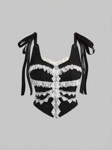 ROMWE Goth 女士哥特式蕾丝边天鹅绒吊带背心 - 黑色 - 查看 5