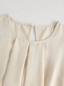 SHEIN Franclia 女士纯色圆领褶皱荷叶边腰部短袖衬衫 - 杏色 - 查看 4