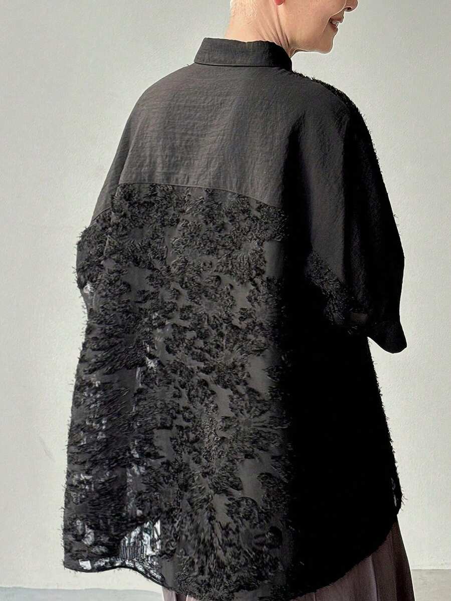 FRIFUL 女士纯黑色薄纱蕾丝拼接露背宽松休闲百搭上衣 - 黑色 - 查看 1